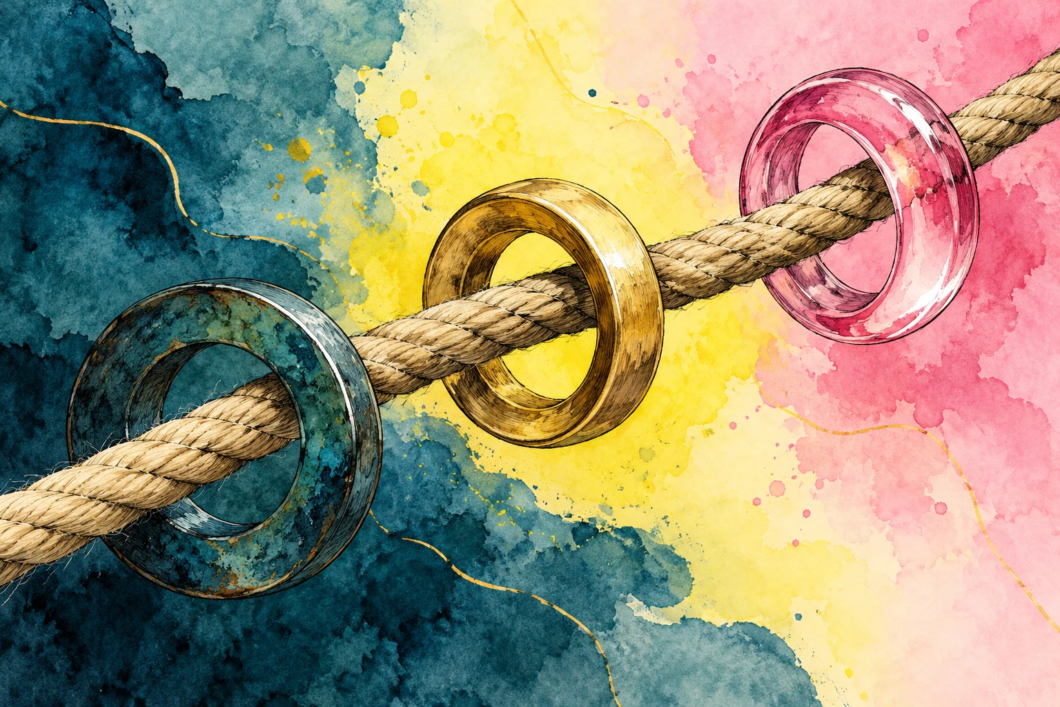 Ilustración IA: cuerda continua imaginaria atravesando tres aros de distintos materiales sobre fondo sin datos ni gráficos. Composición imaginaria, no documenta personas, datos, pruebas o hechos reales.