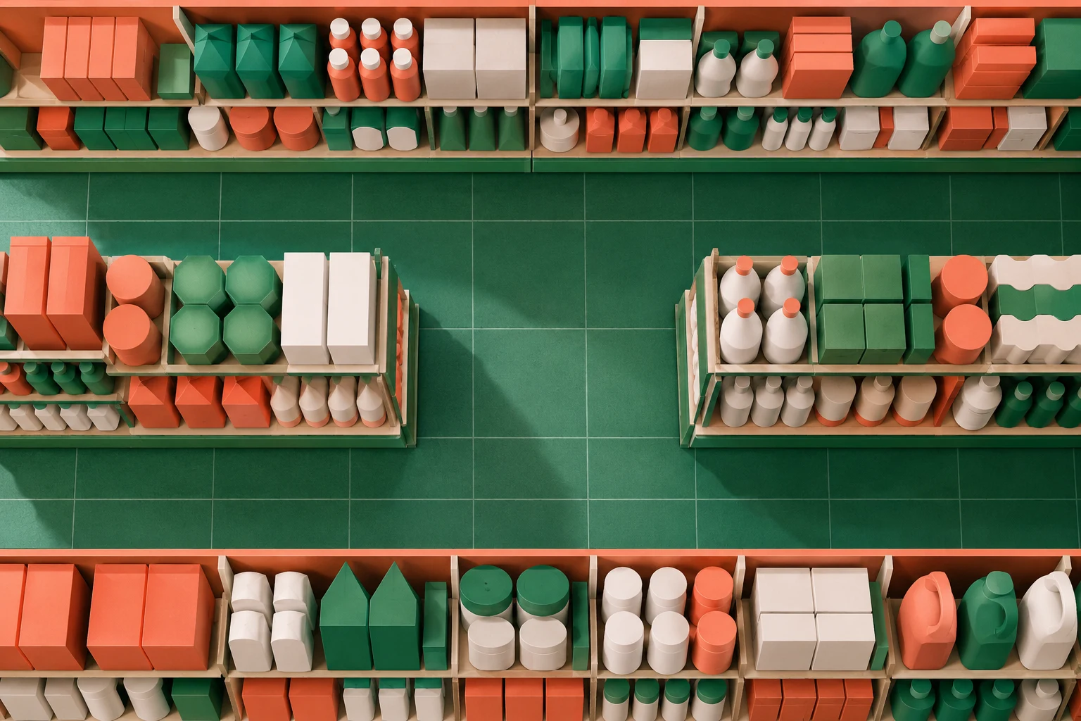 Ilustración IA: pasillo de supermercado ficticio con envases de formas distintas sin marcas, etiquetas ni precios. Composición imaginaria, no documenta personas, datos, pruebas o hechos reales.