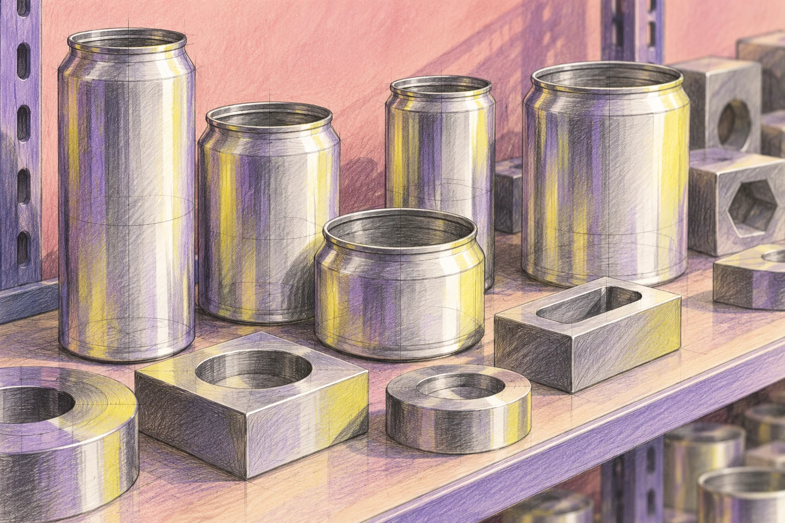 Ilustración IA a lápiz: latas vacías genéricas y troqueles imaginarios en estantería; no producto Ardagh ni maquinaria real.