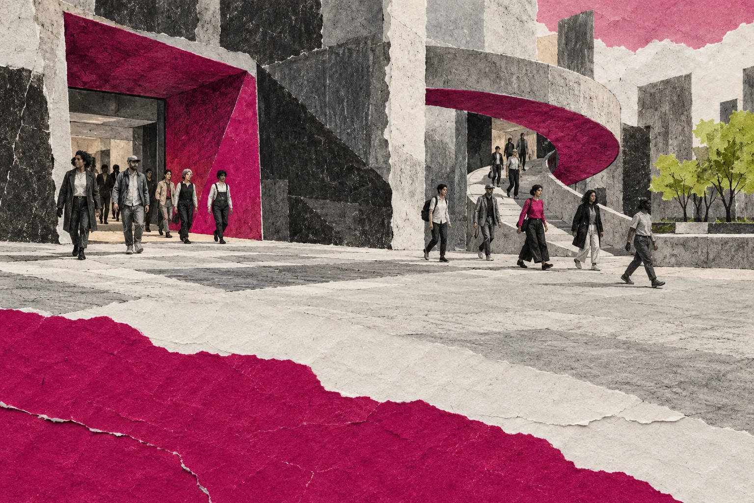 Ilustración IA en collage: adultos ficticios salen de dos accesos a una plaza imaginaria; no representa una encuesta, trabajadores reales ni cantidades salariales.