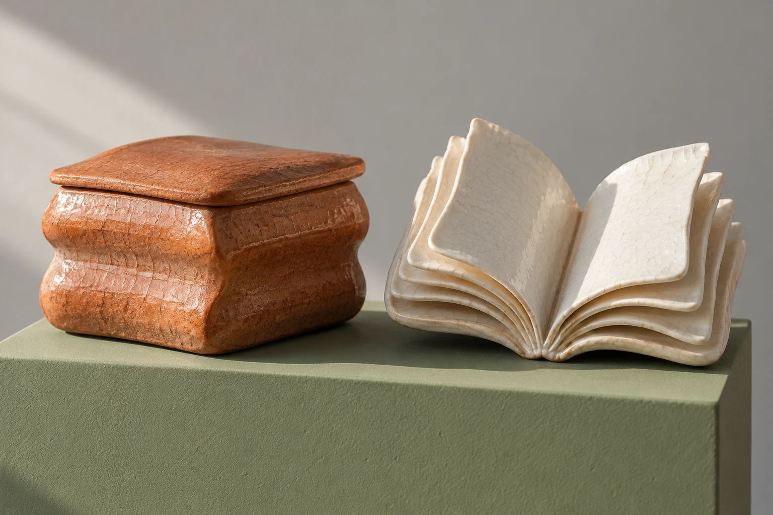 Ilustración IA de dos formas cerámicas imaginarias: volumen cerrado terracota y libro abierto blanco sin texto; no documentos de Companies House.