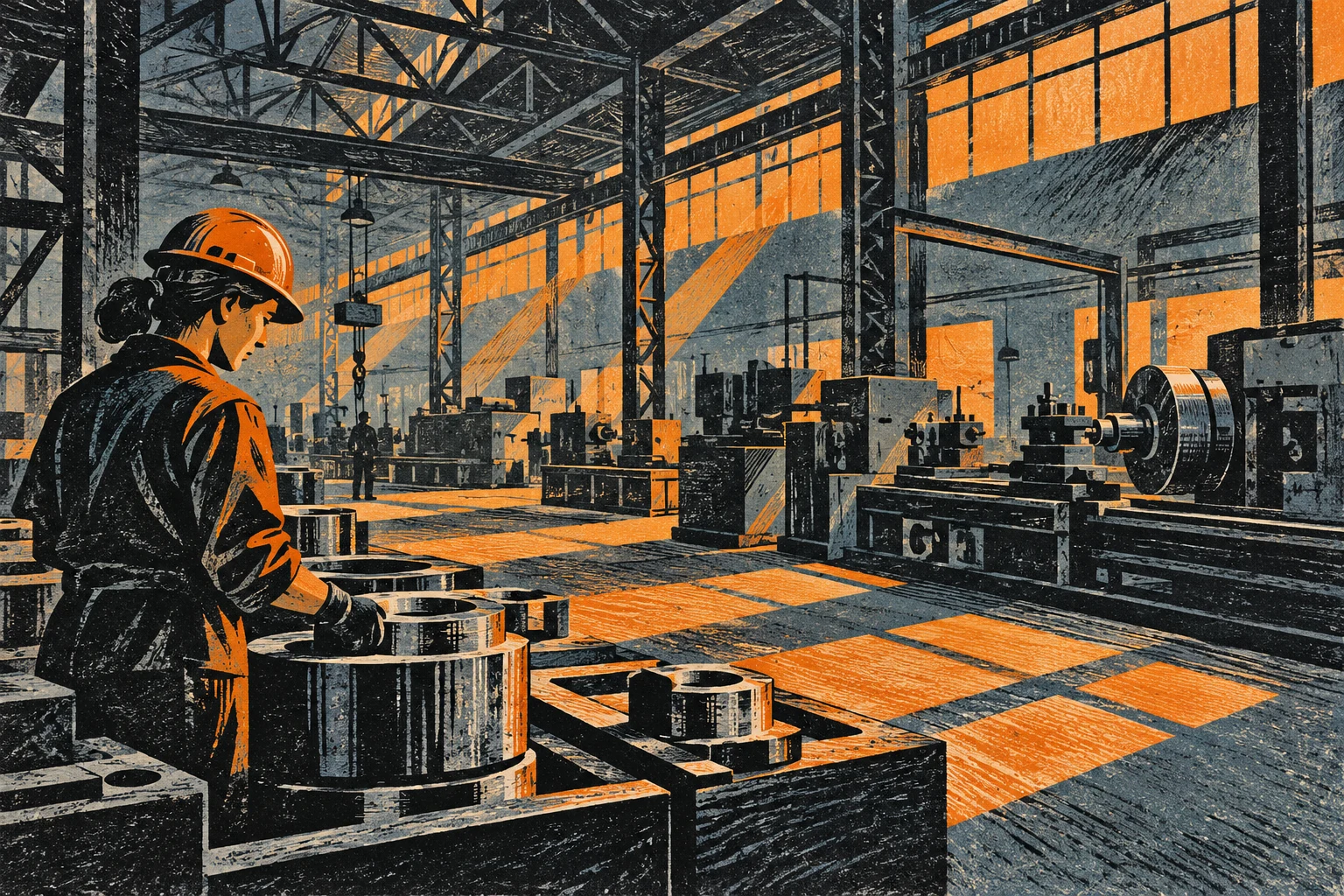 Ilustración IA en estilo de xilografía: trabajadora y nave industrial imaginarias en naranja y negro; no fábrica de los encuestados.
