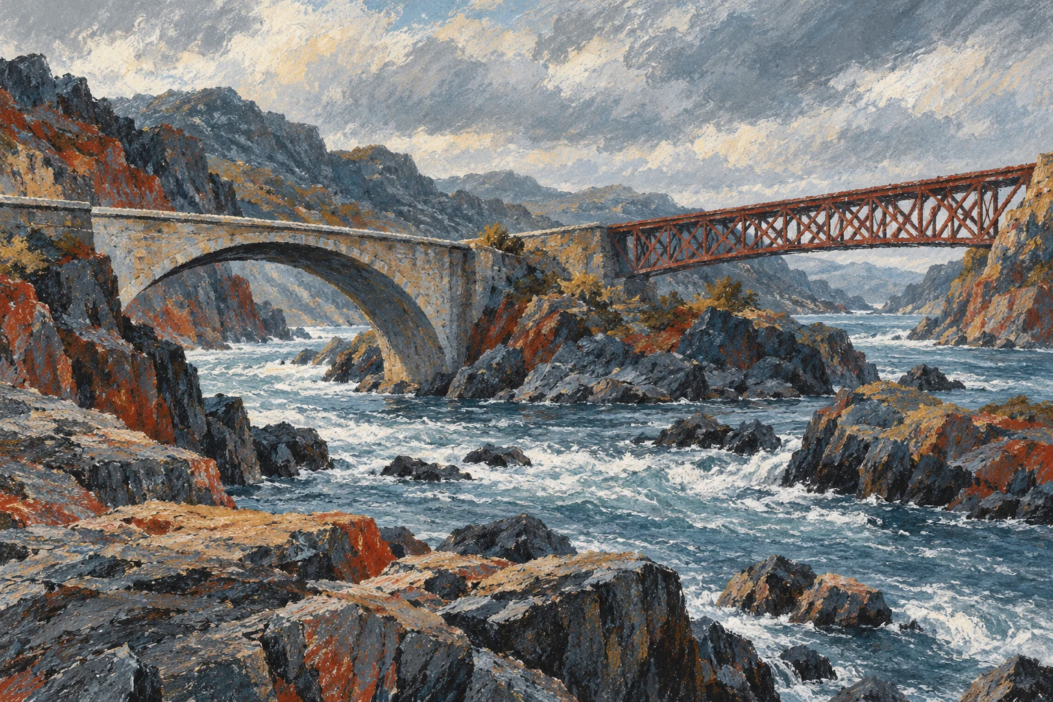Dos puentes imaginarios de estructura diferente en un paisaje al pastel; ilustración IA sin países, obras públicas reales o proporciones de deuda representadas.