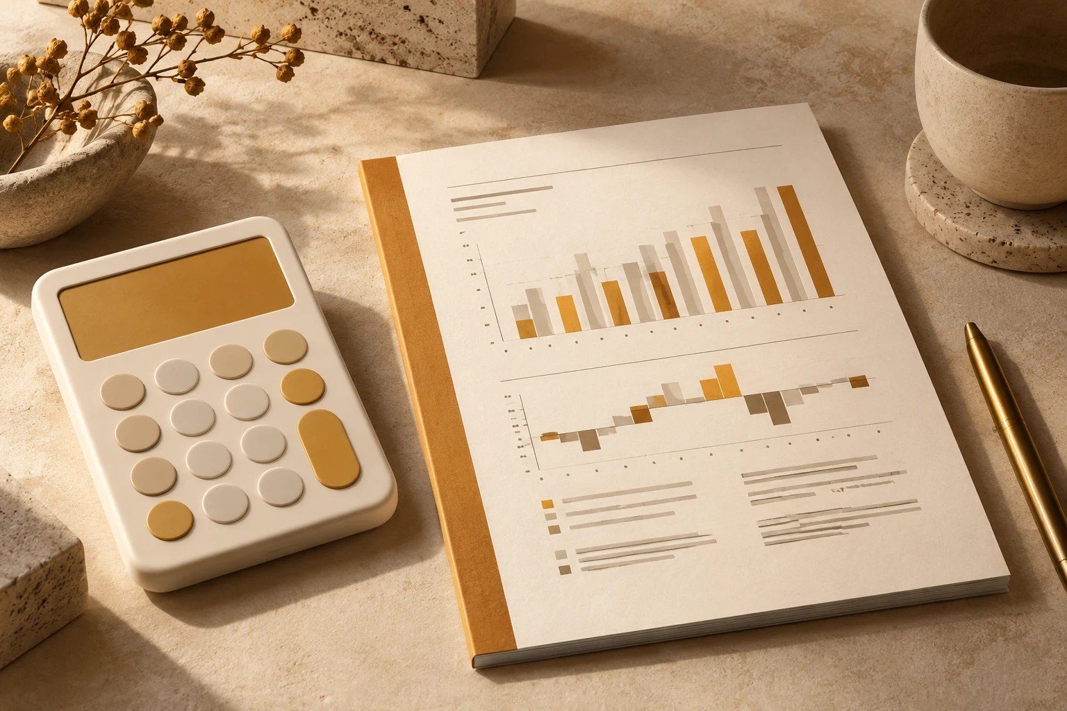 Informe con gráficos decorativos y calculadora sin datos reales; ilustración conceptual de cuentas empresariales.