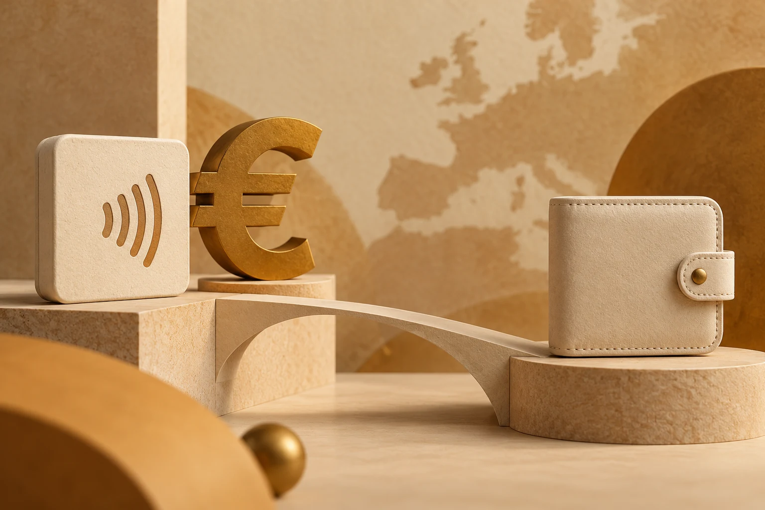 Símbolo euro, cartera y puente de papel, concepto de estándares sin mostrar un producto operativo.