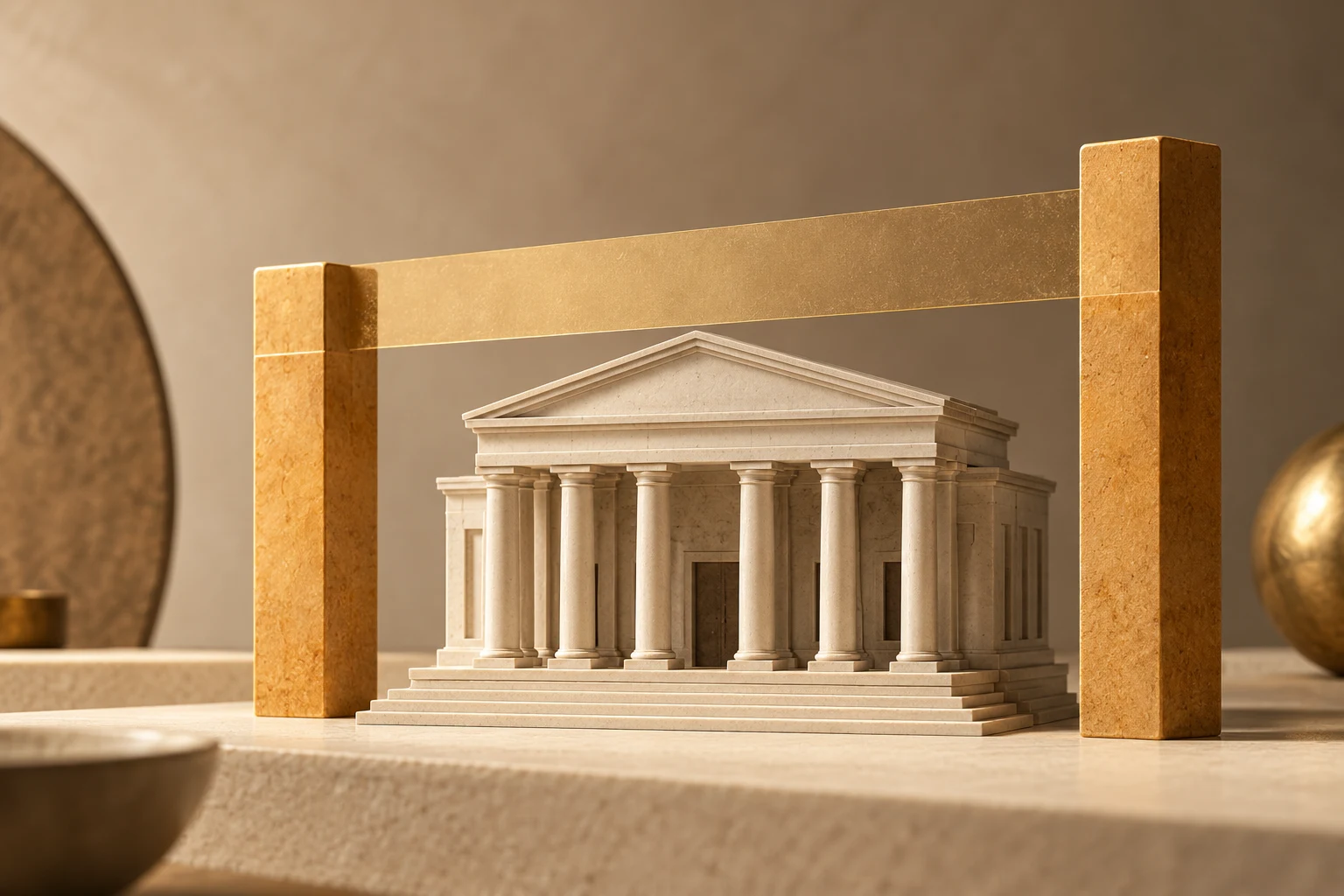 Maqueta de banco central y límites abstractos, sin representar un edificio o tipo medido.