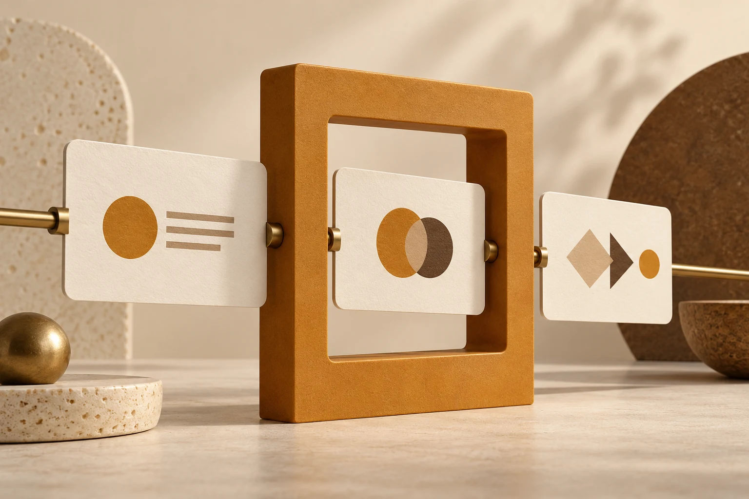 Tarjetas de mensaje sin texto alineadas en un marco abstracto.