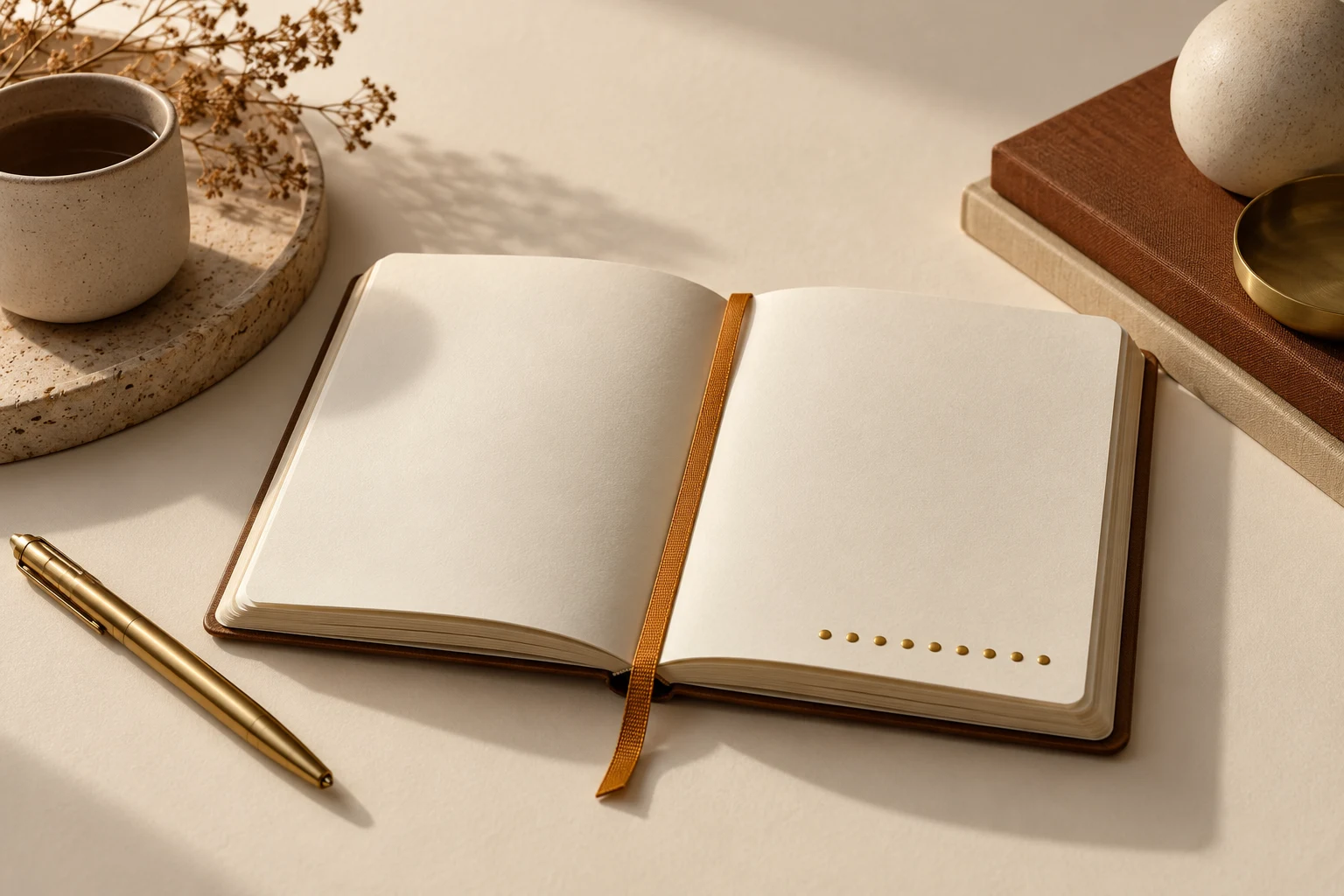 Cuaderno en blanco y piezas de latón decorativas, sin representar una votación medida.