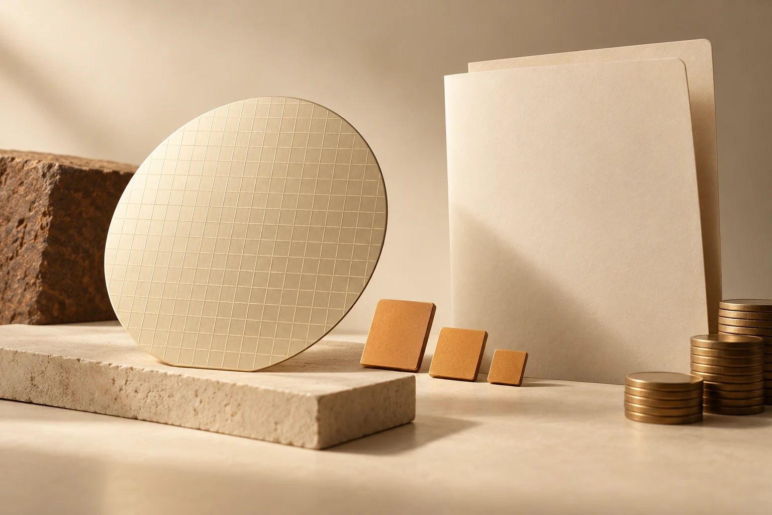 Oblea abstracta de semiconductor, ilustración conceptual sin representar una fábrica real.