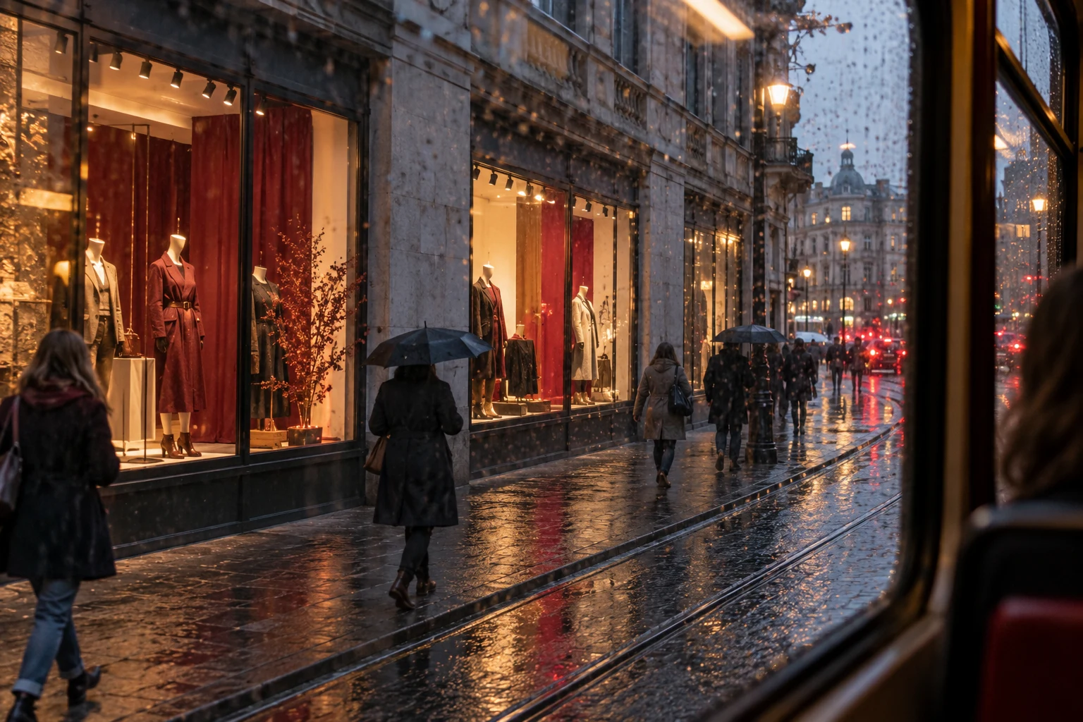 Calle y comercios inventados vistos desde un tranvÃa; no muestra sedes ni tiendas reales de LVMH.
